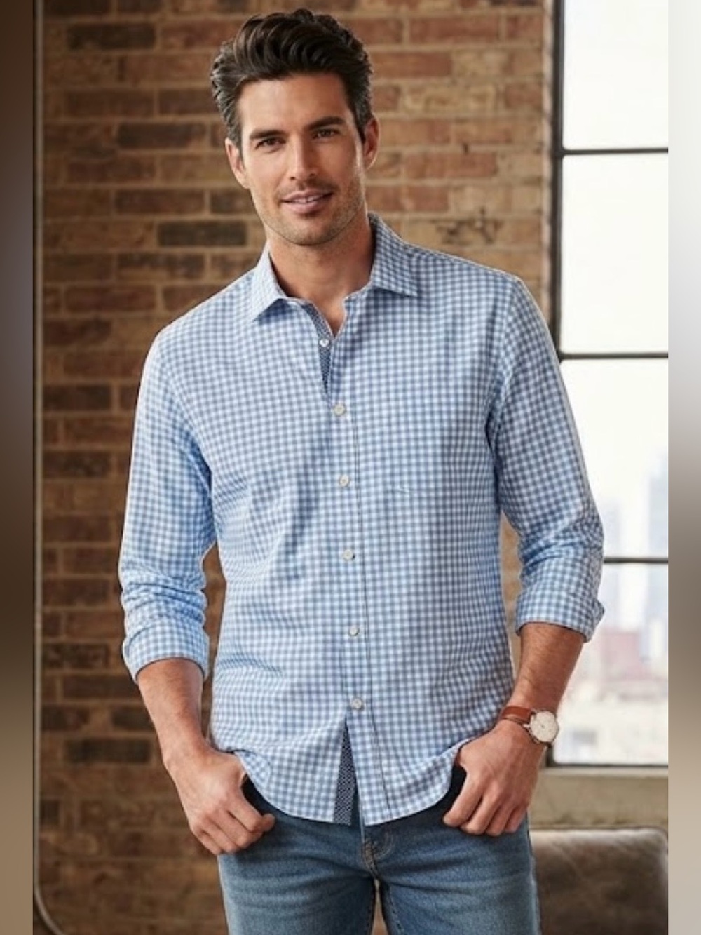 UnTuckit Stevens Regular Fit Button Down Blue Gingham Check Large